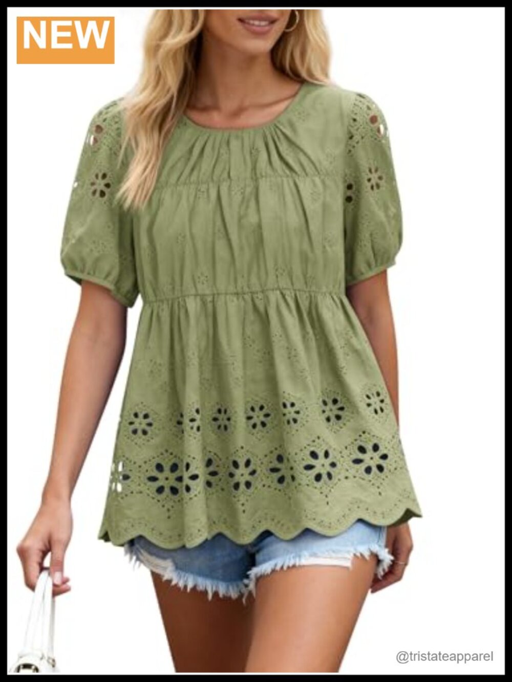 Puff Sleeve Peplum Babydoll Top Eyelet Embroidered Blouse